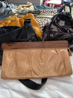 VTG JACARANDA TAN LEATHER CLUTCH PURSE Brazilian Rosewood 70s